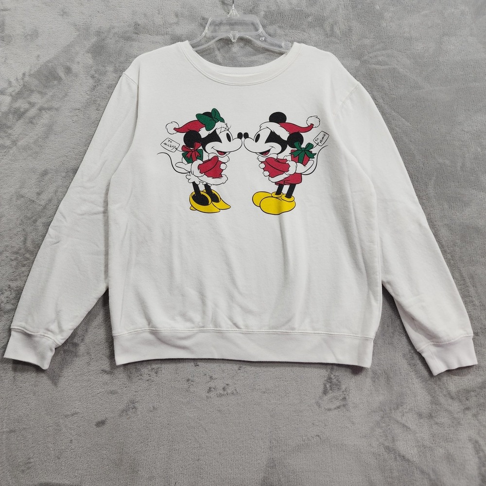 Disney Sweatshirt Women XL White Mickey Minnie Santa Christmas Holiday Pullover
